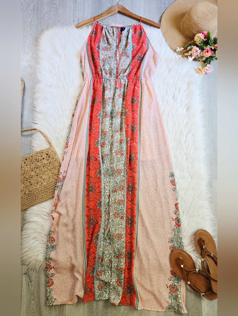Blue Rain Coral & Cream Boho Maxi Dress